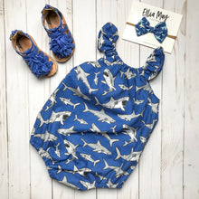 Load image into Gallery viewer, Bubble Romper: Navy Sharks